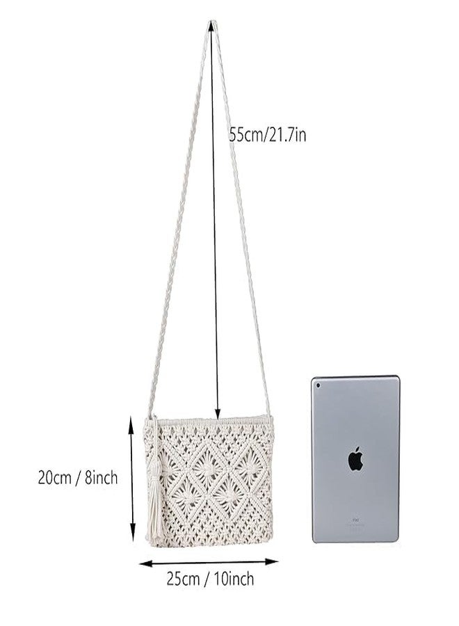 tms Macrame Crossbody Bag, Handwoven Boho Sling Bag for Women, 25 cm x 20 cm, Off-White, Bohemian Shoulder Bag with Adjustable Strap for Casual, Everyday Use- 1 pcs - Image 3